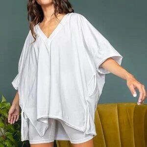 Free People Movement White Oversized V-Neck T-Shirt Reversible w/ Pockets L NWT